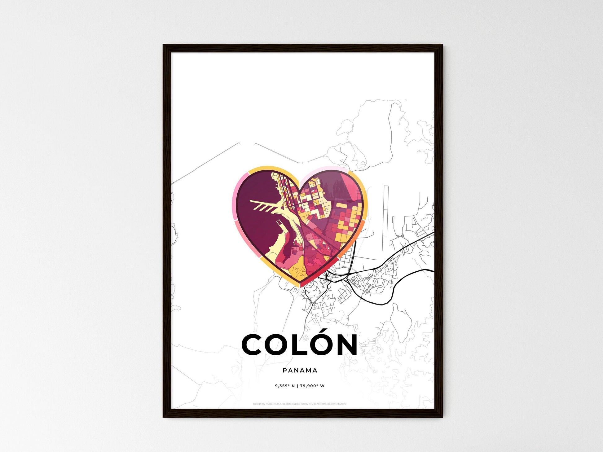 Colón Panama wedding art map with heart icon