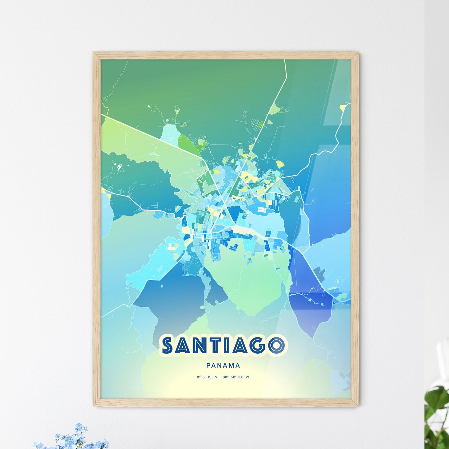 Colorful SANTIAGO PANAMA Fine Art Map Cool Blue