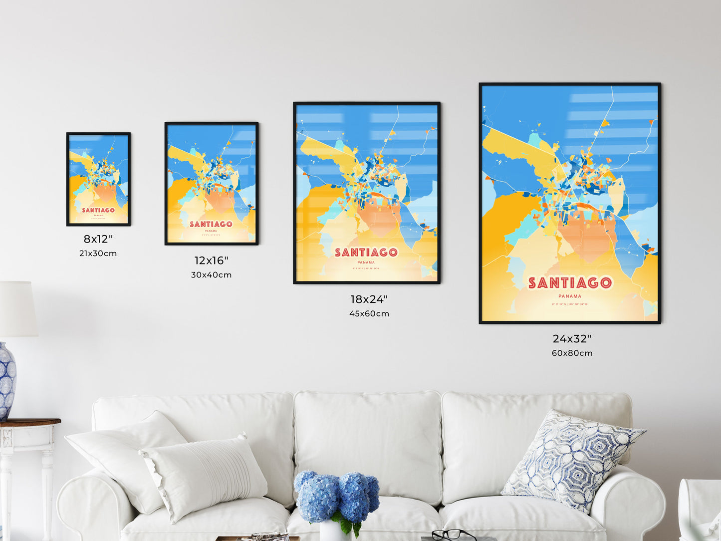 Colorful SANTIAGO PANAMA Fine Art Map Blue Orange