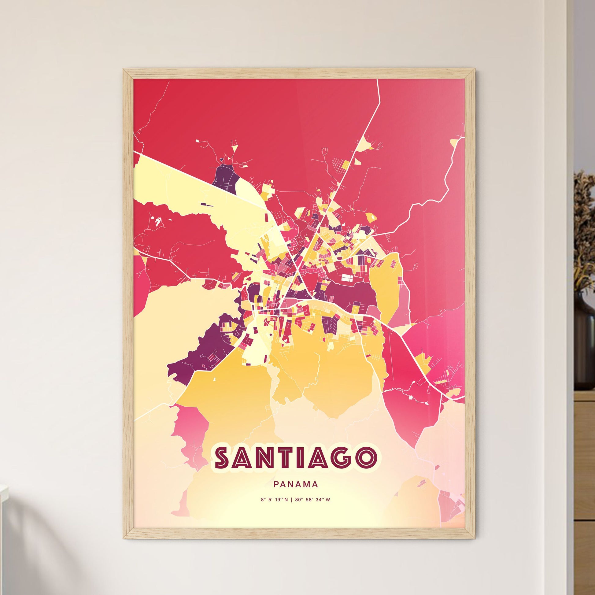 Colorful SANTIAGO PANAMA Fine Art Map Hot Red