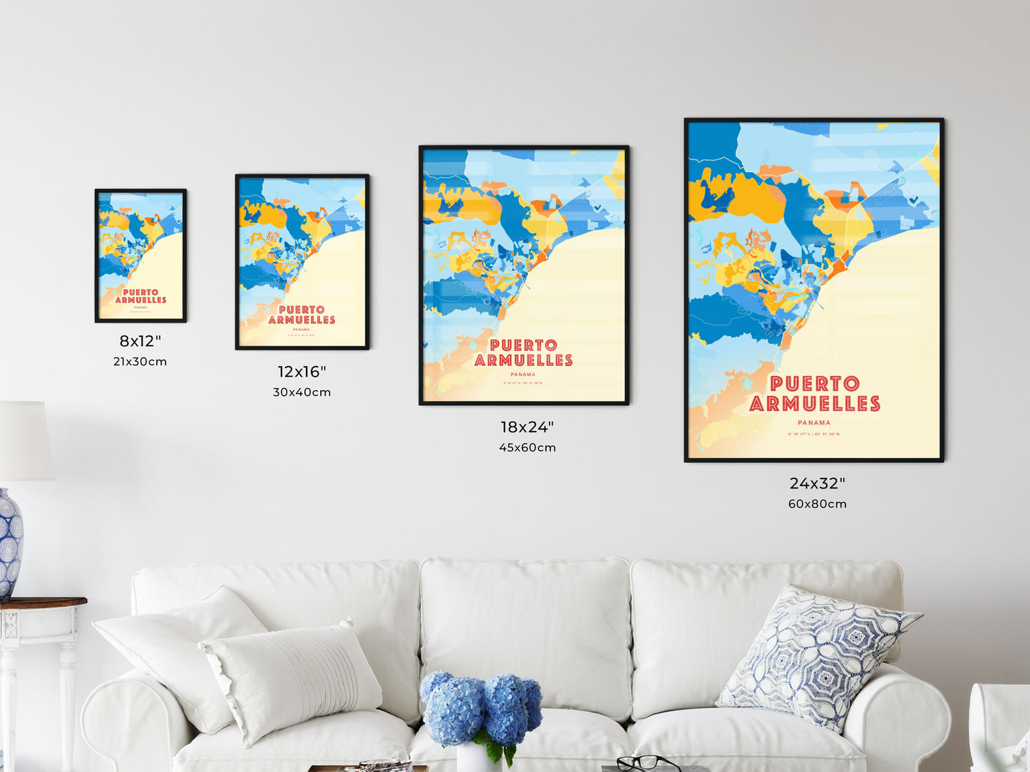 Colorful PUERTO ARMUELLES PANAMA Fine Art Map Blue Orange