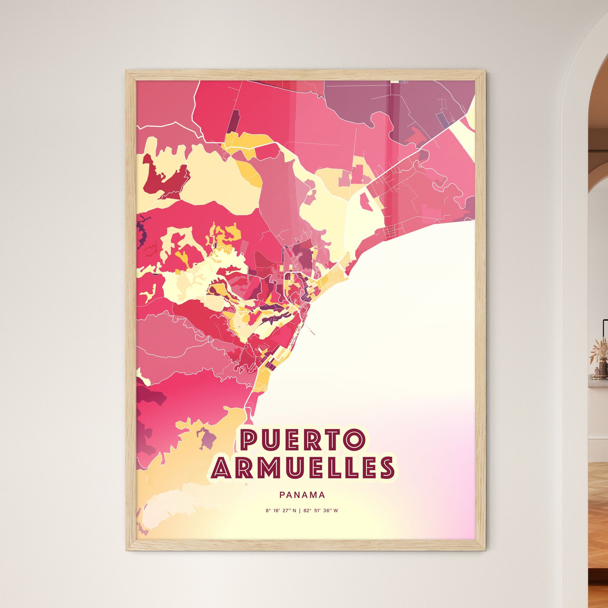 Colorful PUERTO ARMUELLES PANAMA Fine Art Map Hot Red