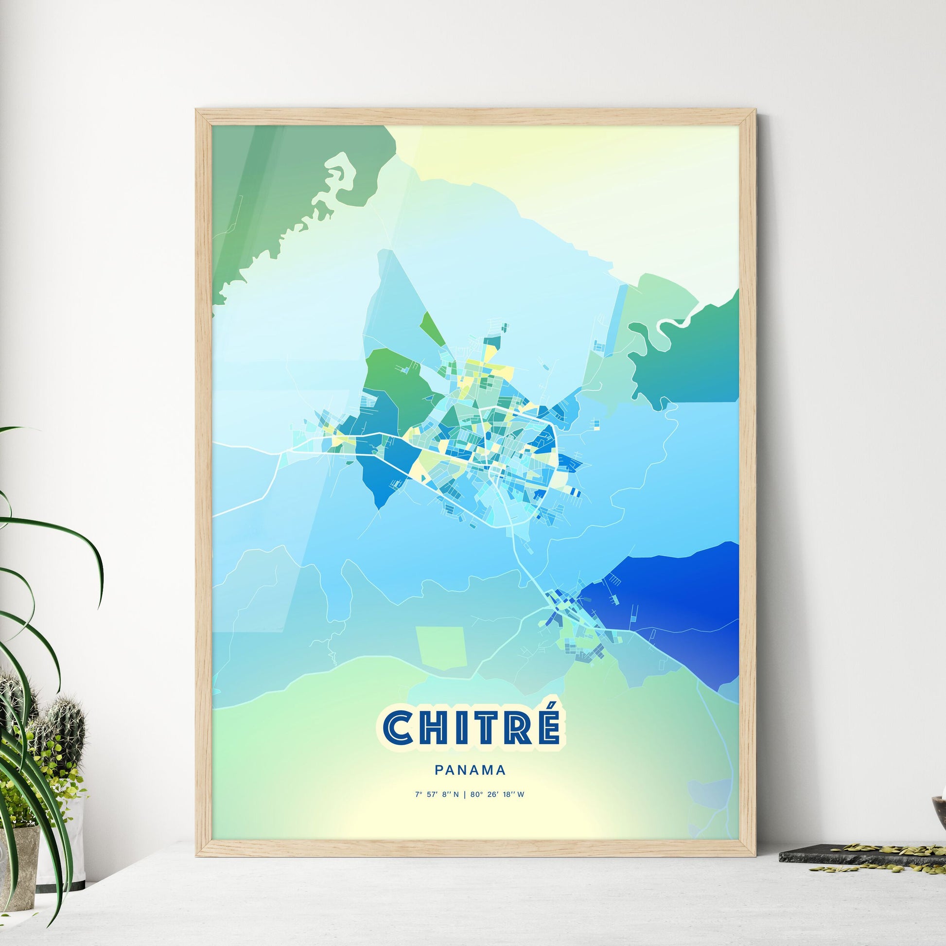 Colorful CHITRÉ PANAMA Fine Art Map Cool Blue