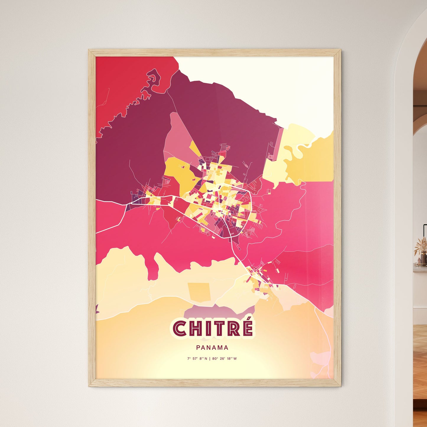 Colorful CHITRÉ PANAMA Fine Art Map Hot Red