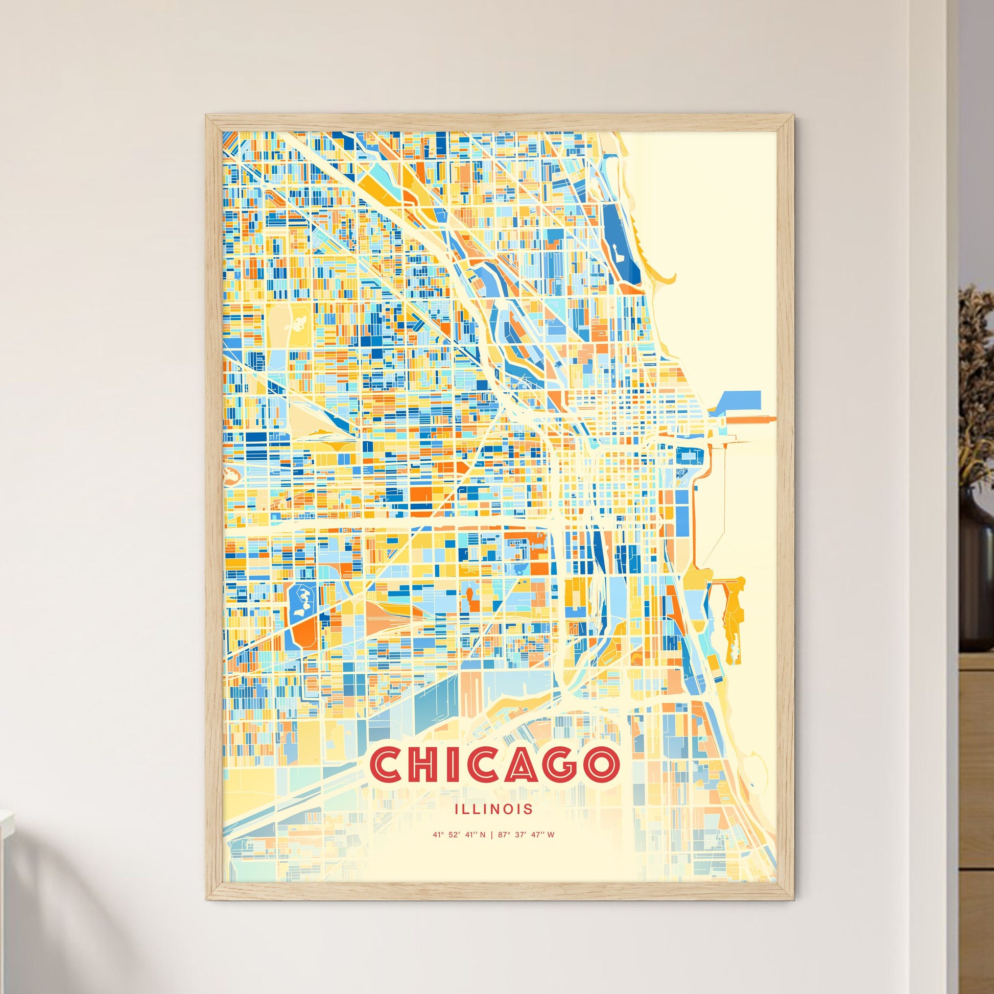 Colorful Chicago Illinois Fine Art Map Blue Orange