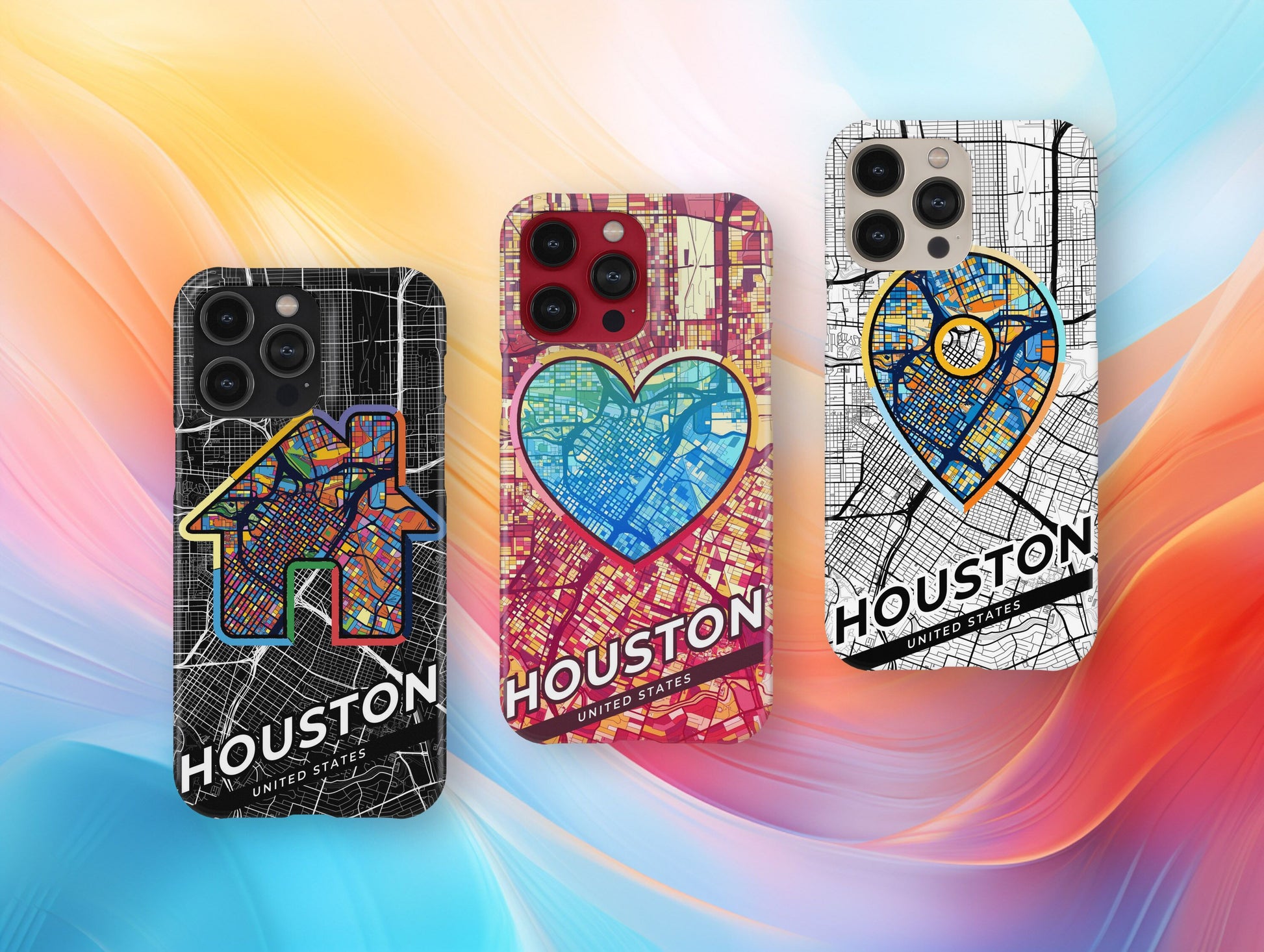 Houston Texas slim phone case with colorful icon. Birthday, wedding or housewarming gift. Couple match cases.