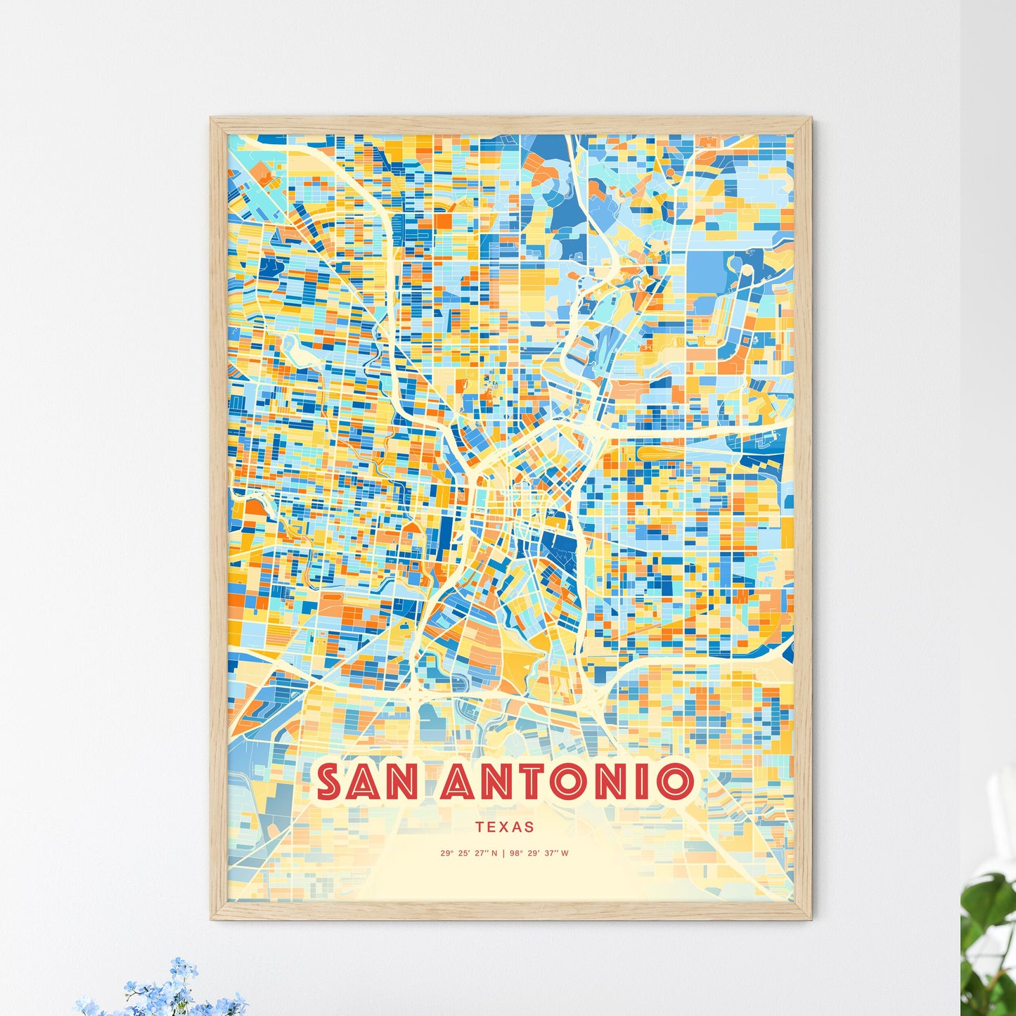 Colorful San Antonio Texas Fine Art Map Blue Orange