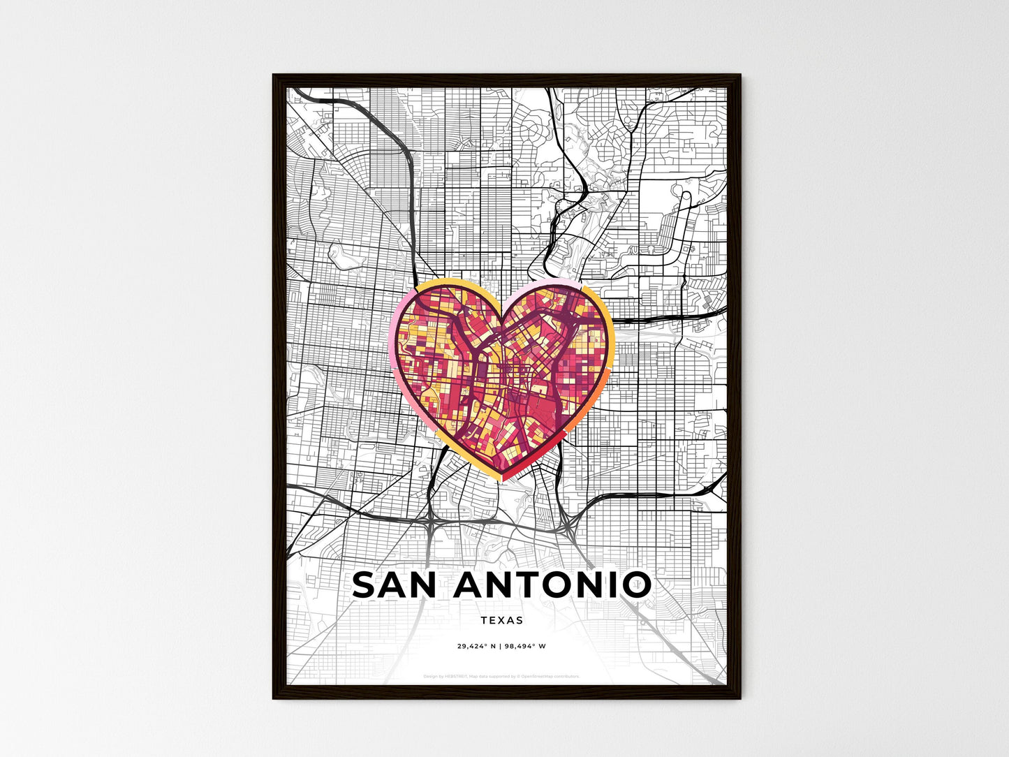 San Antonio Texas wedding art map with heart icon