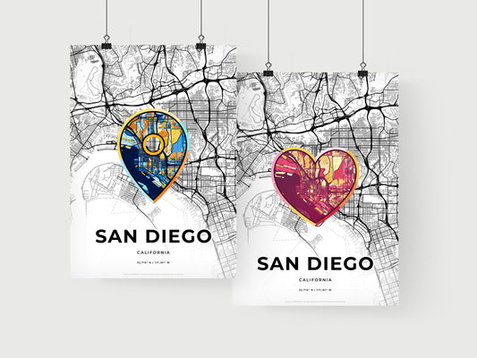 SAN DIEGO CALIFORNIA minimal art map with a colorful icon. Where it all began, Couple map gift.