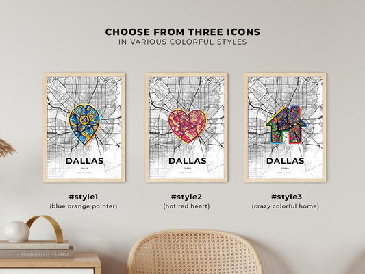 Dallas Texas maps with colorful icons