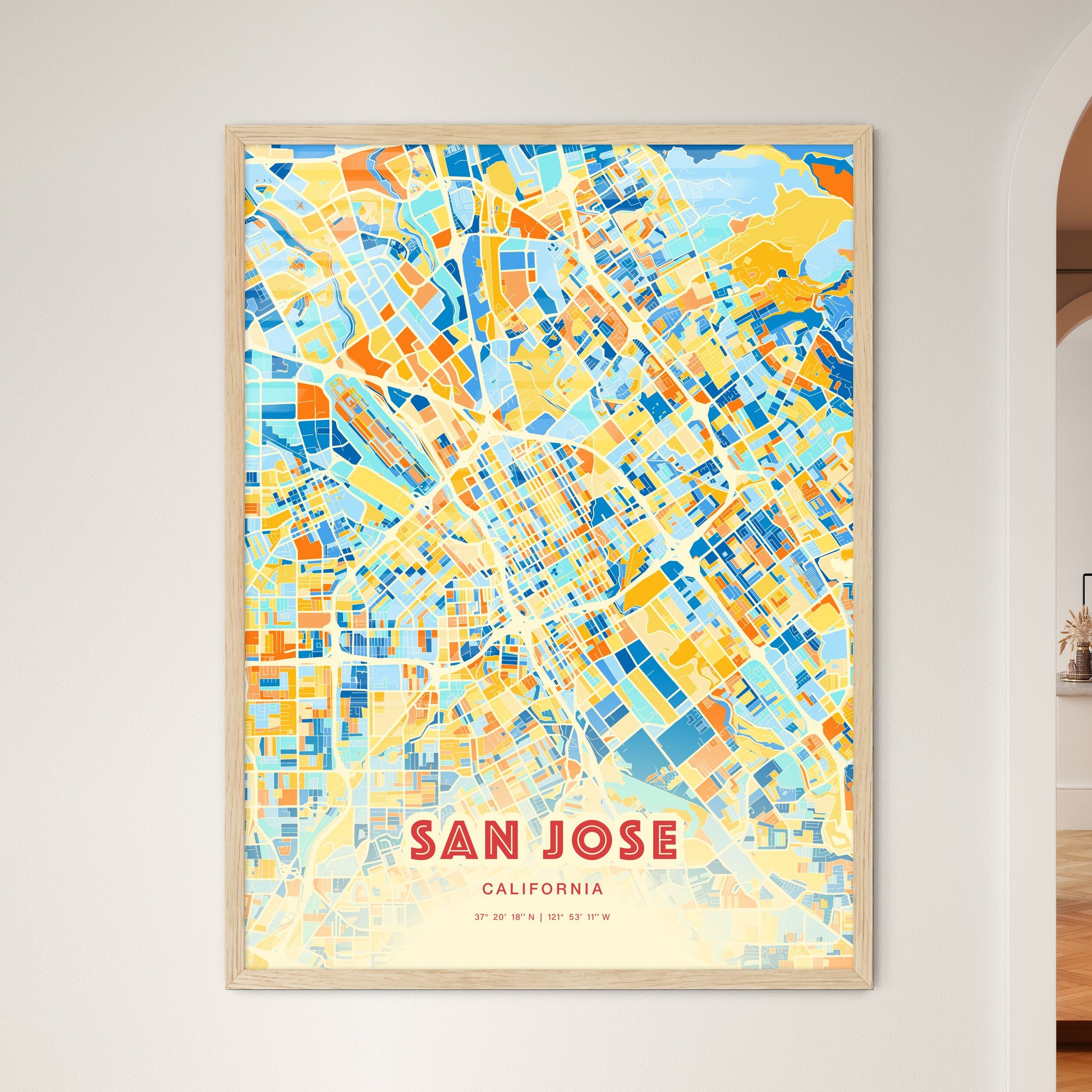 Colorful San Jose California Fine Art Map Blue Orange
