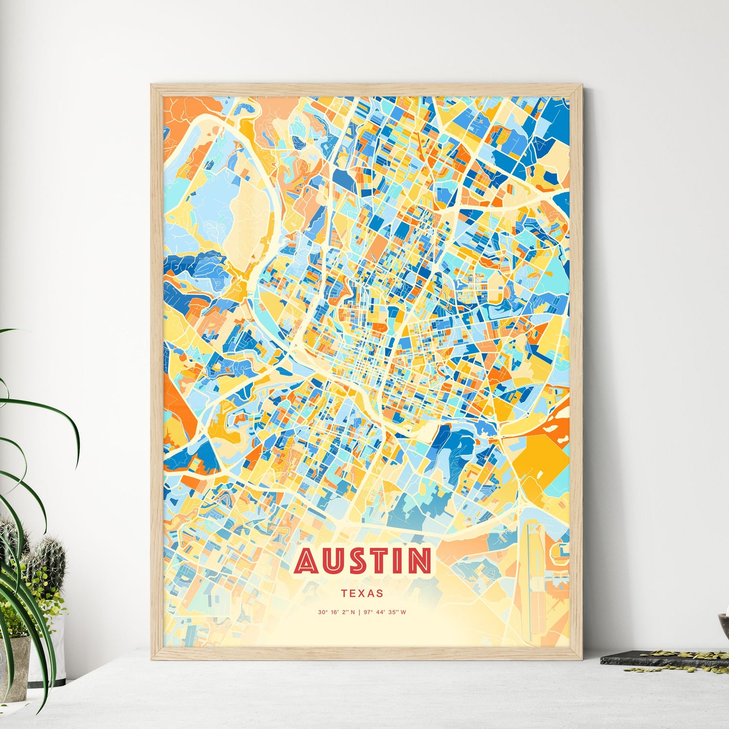 Colorful Austin Texas Fine Art Map Blue Orange