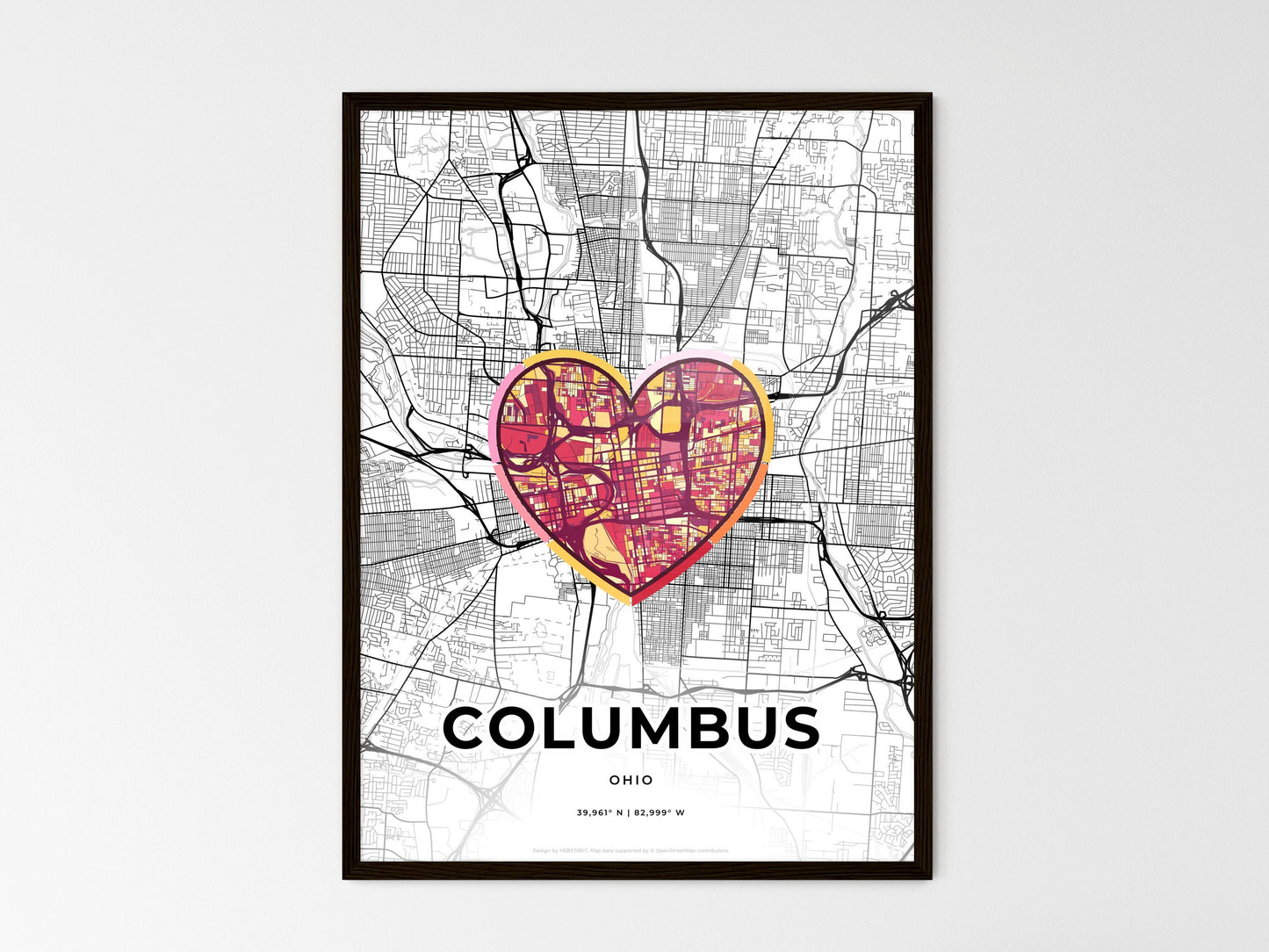 Columbus Ohio wedding art map with heart icon