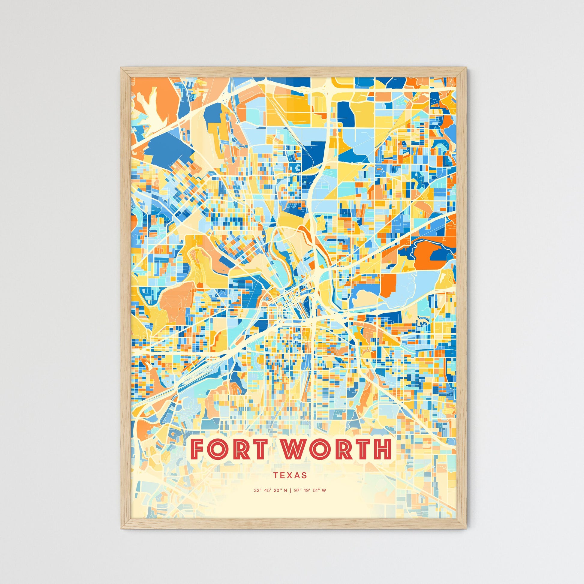 Colorful Fort Worth Texas Fine Art Map Blue Orange