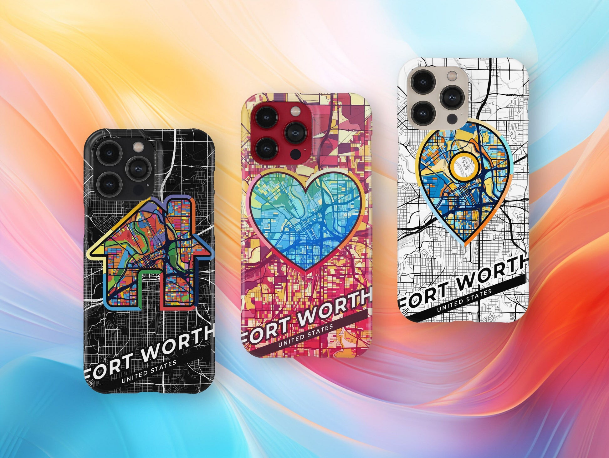 Fort Worth Texas slim phone case with colorful icon. Birthday, wedding or housewarming gift. Couple match cases.