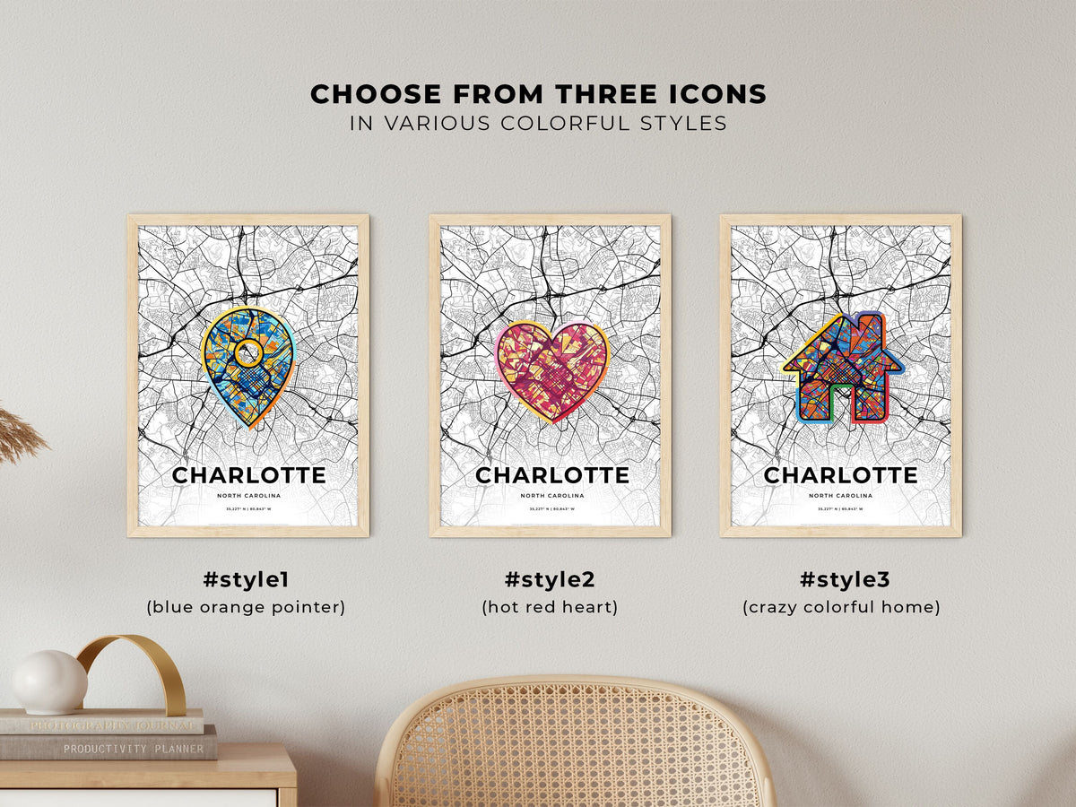 Charlotte North Carolina maps with colorful icons