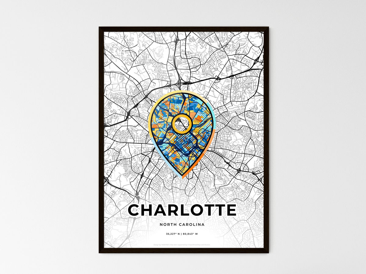 Charlotte North Carolina wedding art map with pointer icon