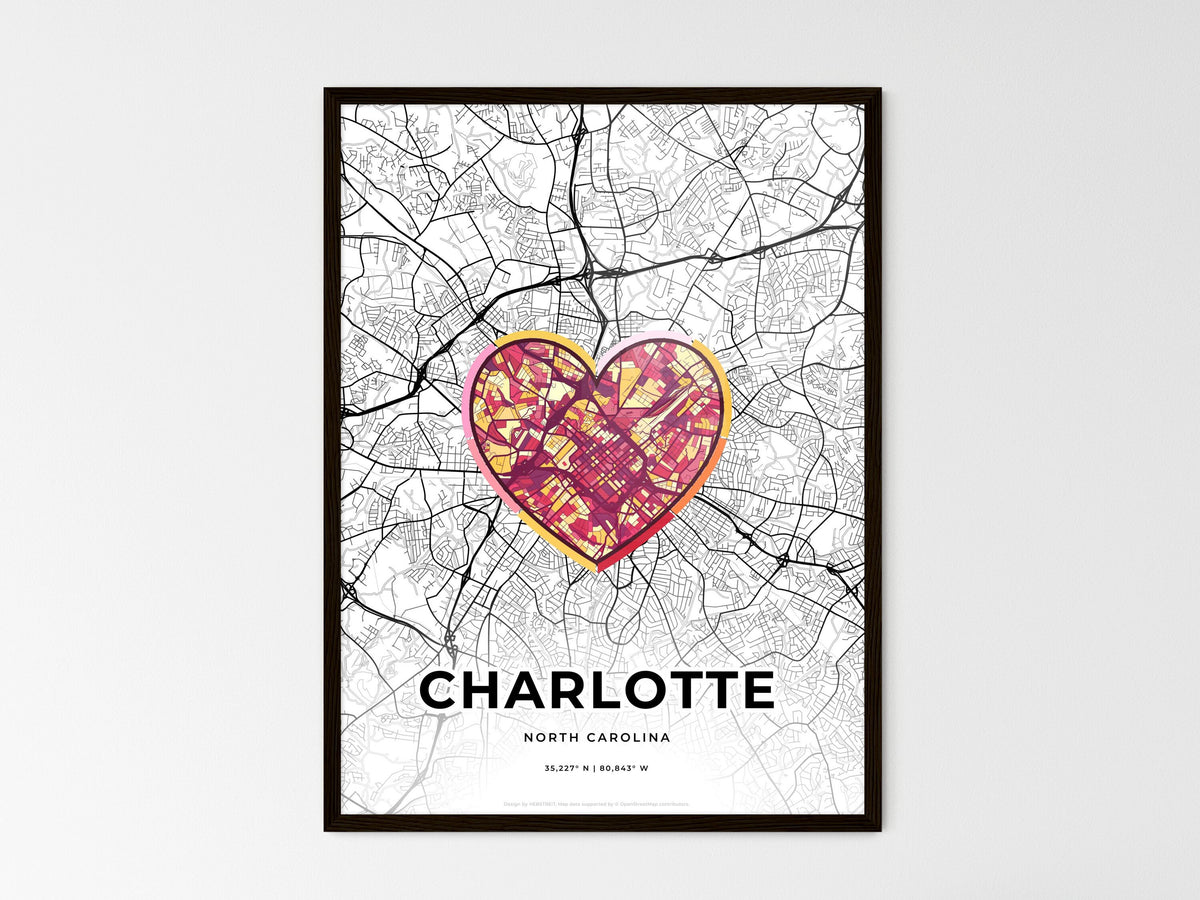 Charlotte North Carolina wedding art map with heart icon