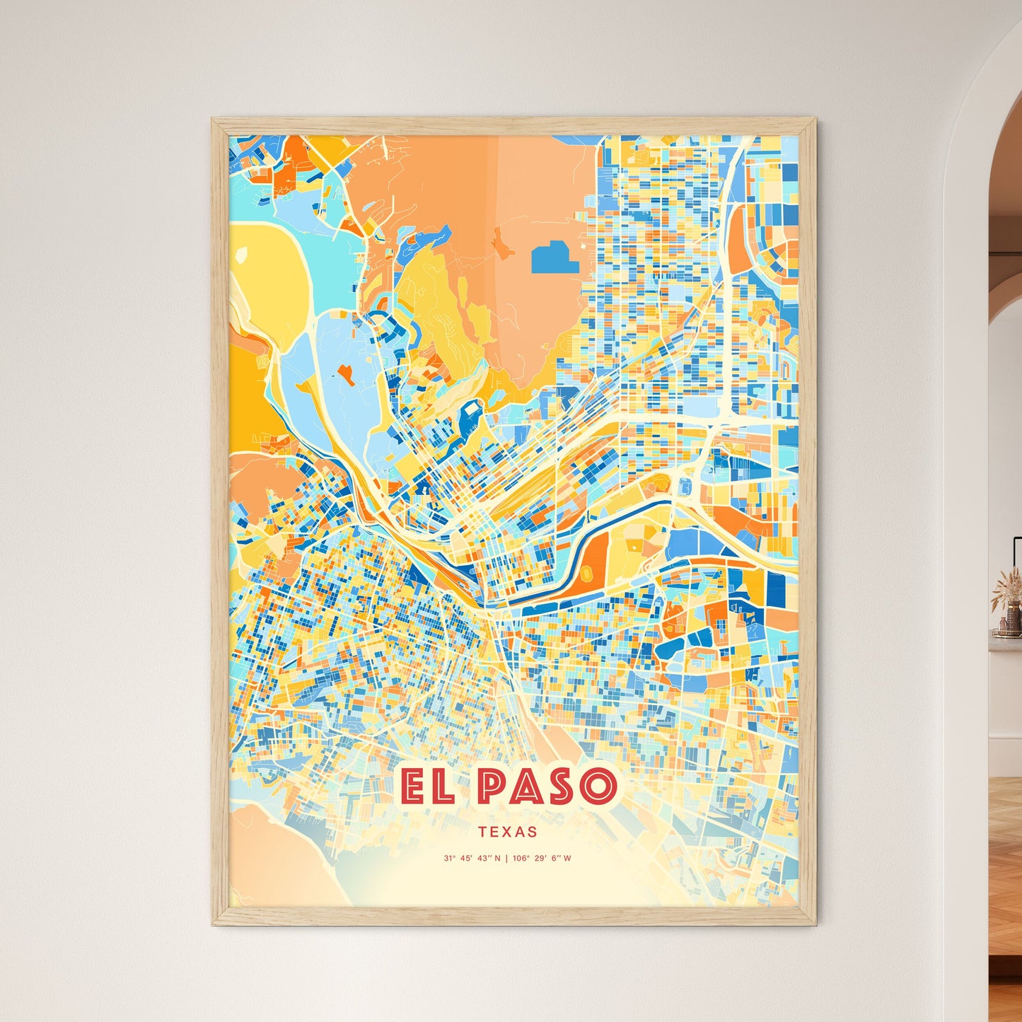 Colorful El Paso Texas Fine Art Map Blue Orange