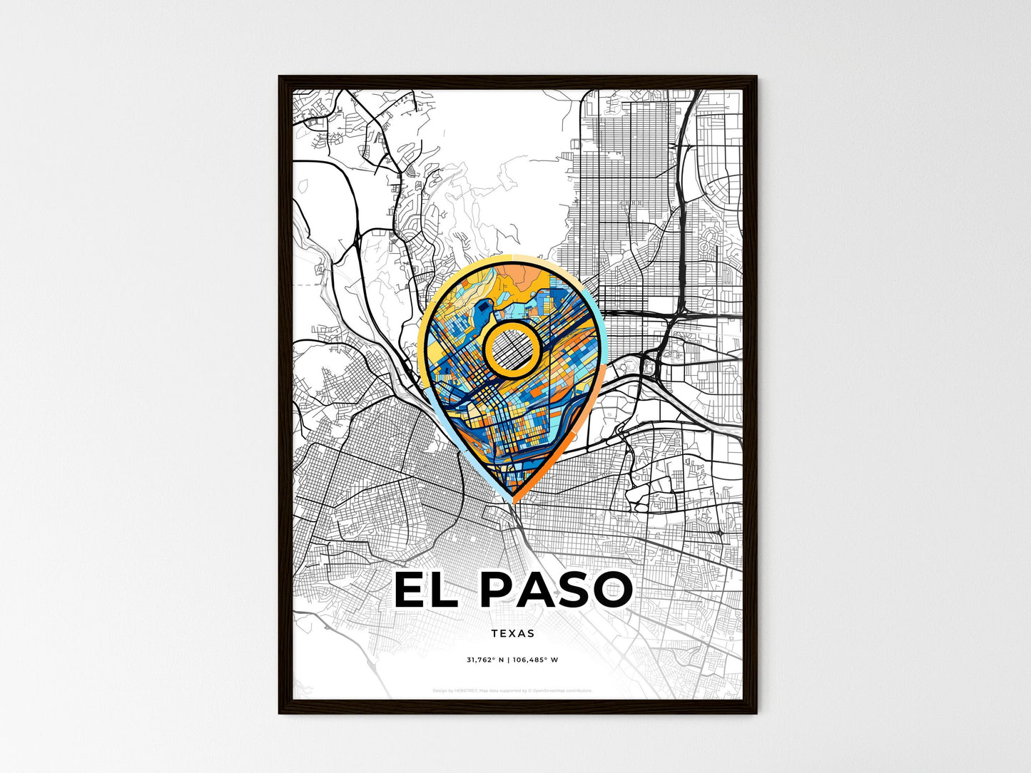 El Paso Texas wedding art map with pointer icon