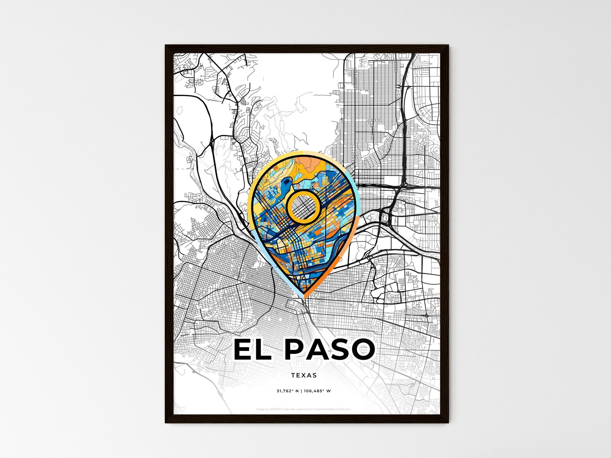 El Paso Texas wedding art map with pointer icon
