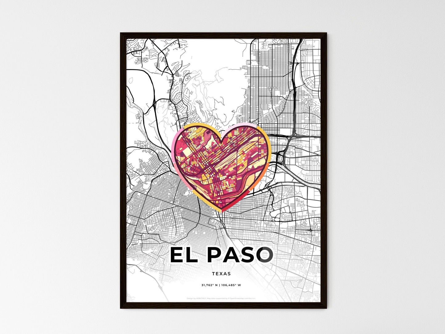 El Paso Texas wedding art map with heart icon