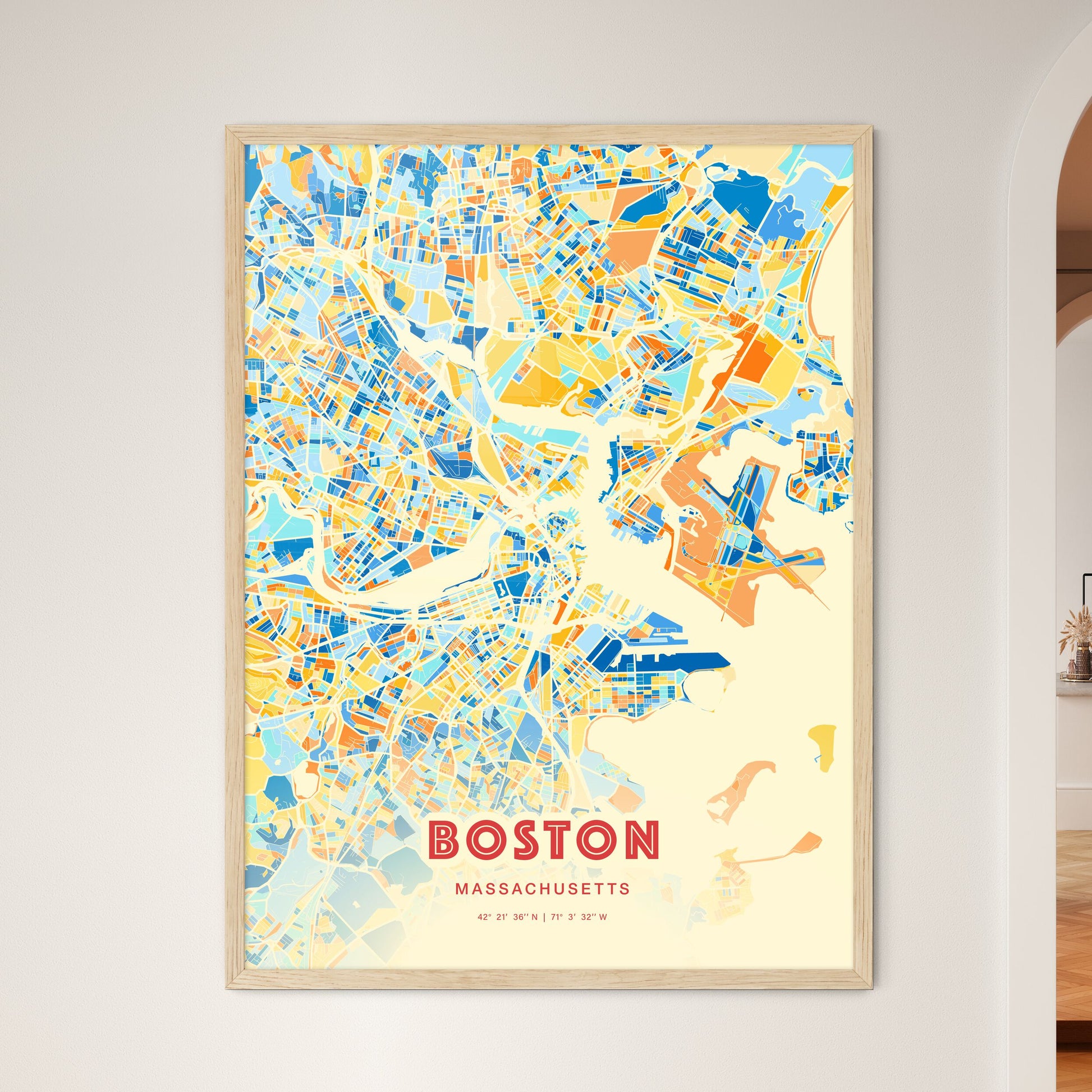 Colorful Boston Massachusetts Fine Art Map Blue Orange