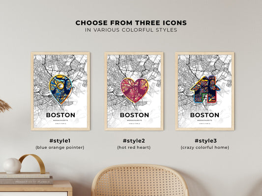 Boston Massachusetts maps with colorful icons