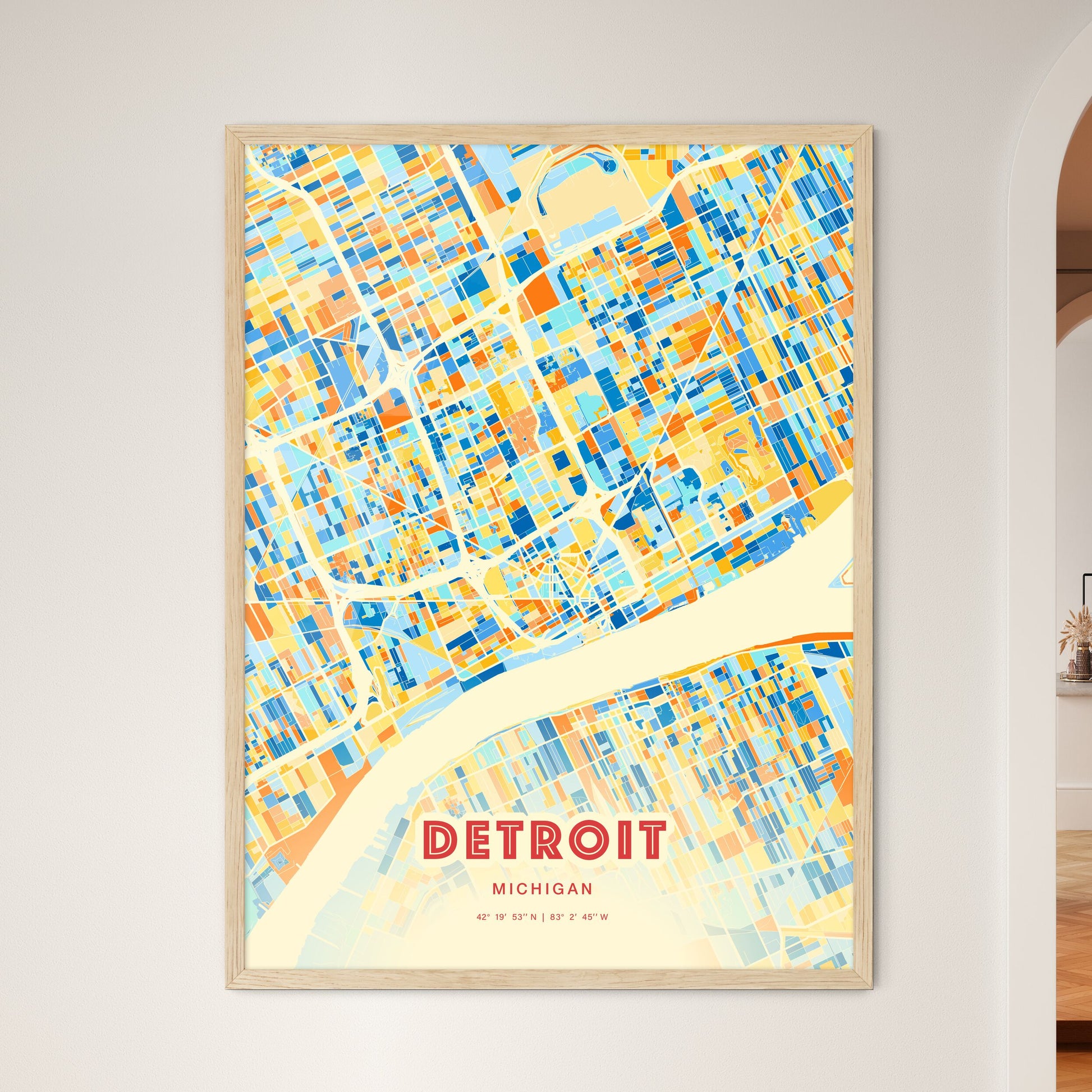 Colorful Detroit Michigan Fine Art Map Blue Orange