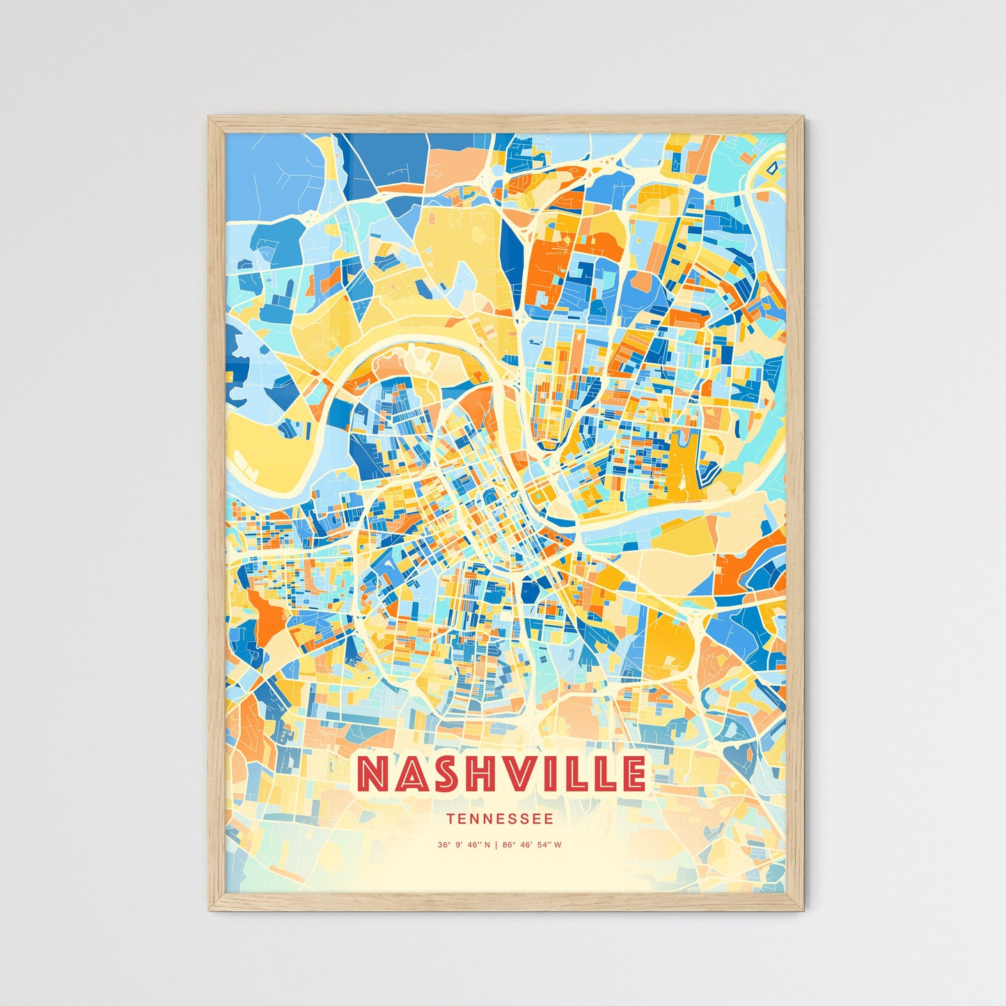 Colorful Nashville Tennessee Fine Art Map Blue Orange