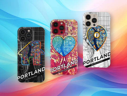 Portland Oregon slim phone case with colorful icon. Birthday, wedding or housewarming gift. Couple match cases.