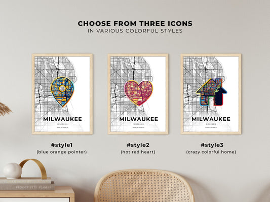 Milwaukee Wisconsin maps with colorful icons