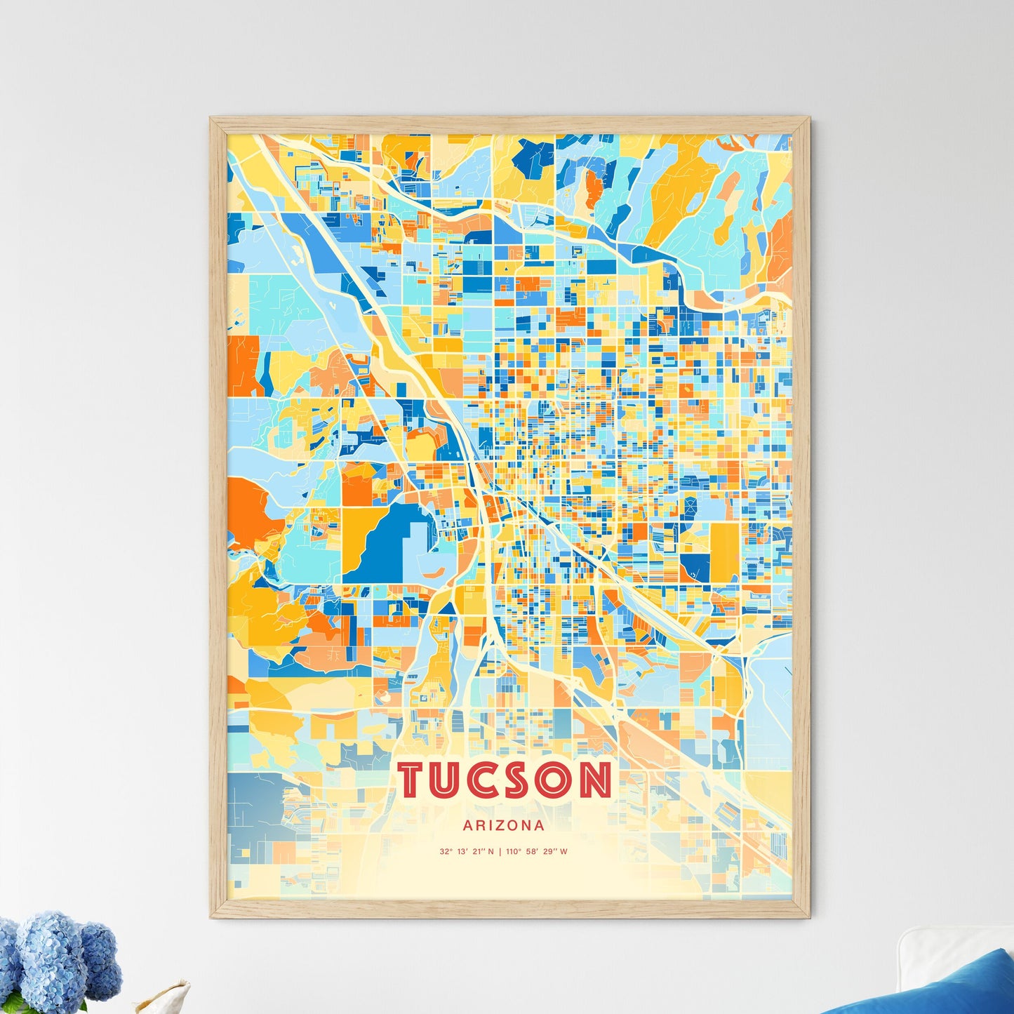 Colorful Tucson Arizona Fine Art Map Blue Orange