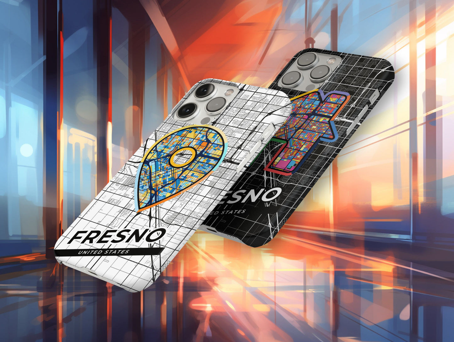 Fresno California slim phone case with colorful icon. Birthday, wedding or housewarming gift. Couple match cases.