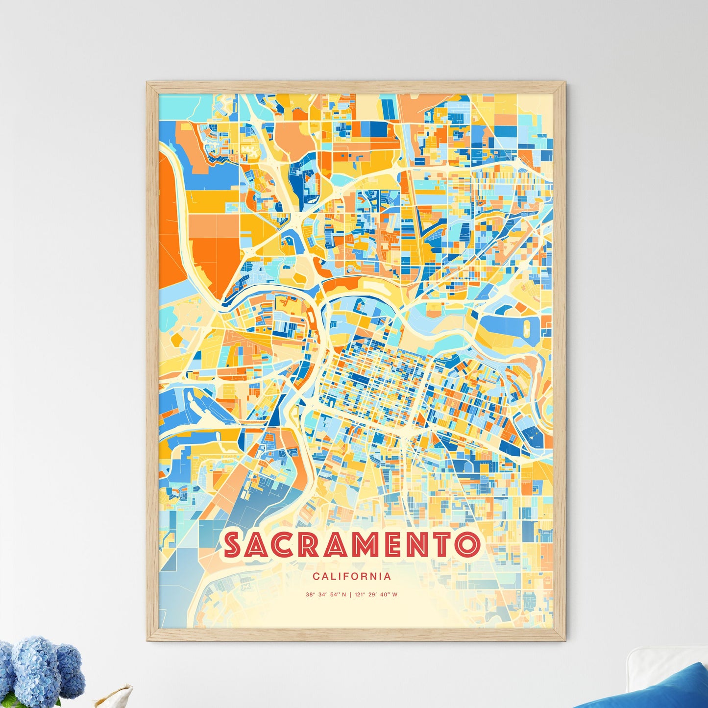 Colorful Sacramento California Fine Art Map Blue Orange