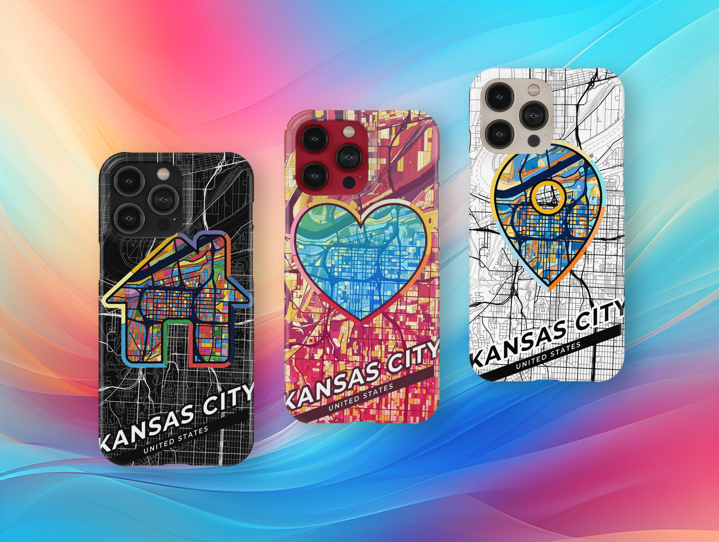 Kansas City Missouri slim phone case with colorful icon. Birthday, wedding or housewarming gift. Couple match cases.