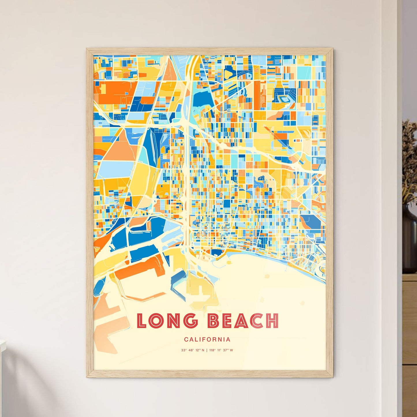 Colorful Long Beach California Fine Art Map Blue Orange