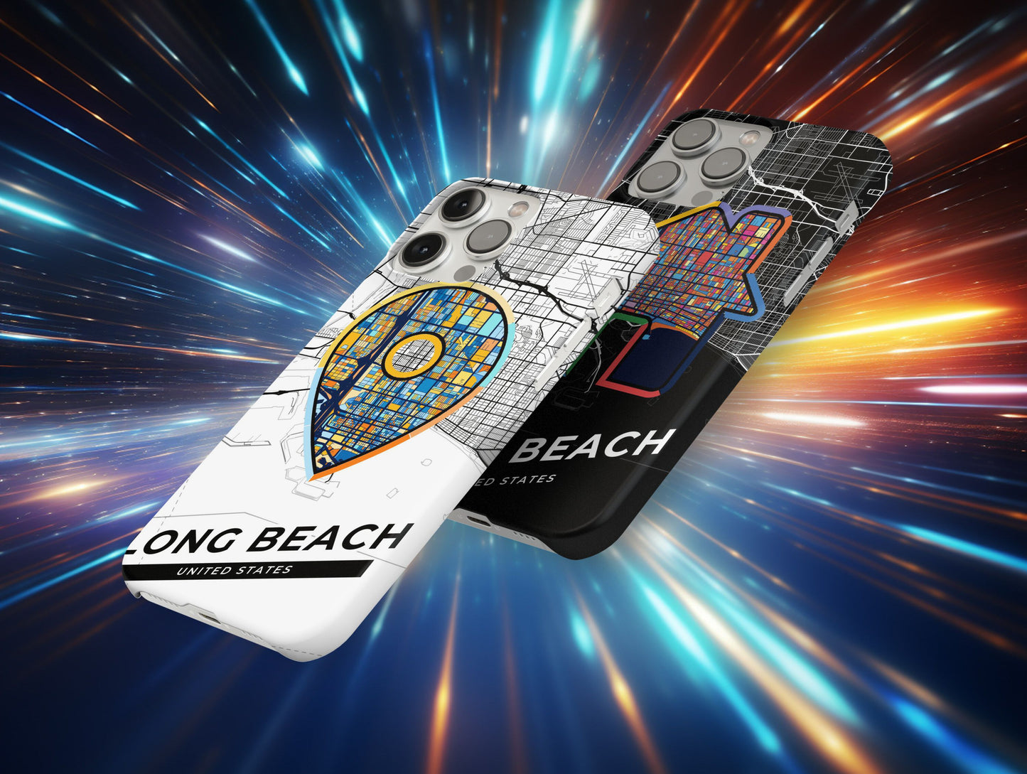 Long Beach California slim phone case with colorful icon. Birthday, wedding or housewarming gift. Couple match cases.