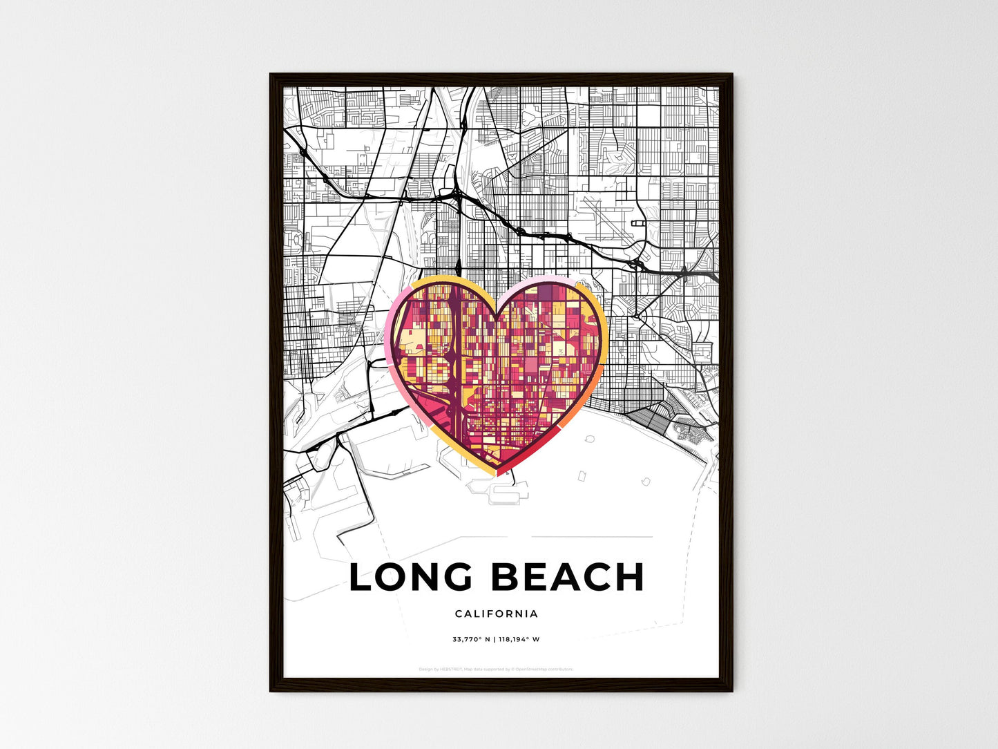 Long Beach California wedding art map with heart icon