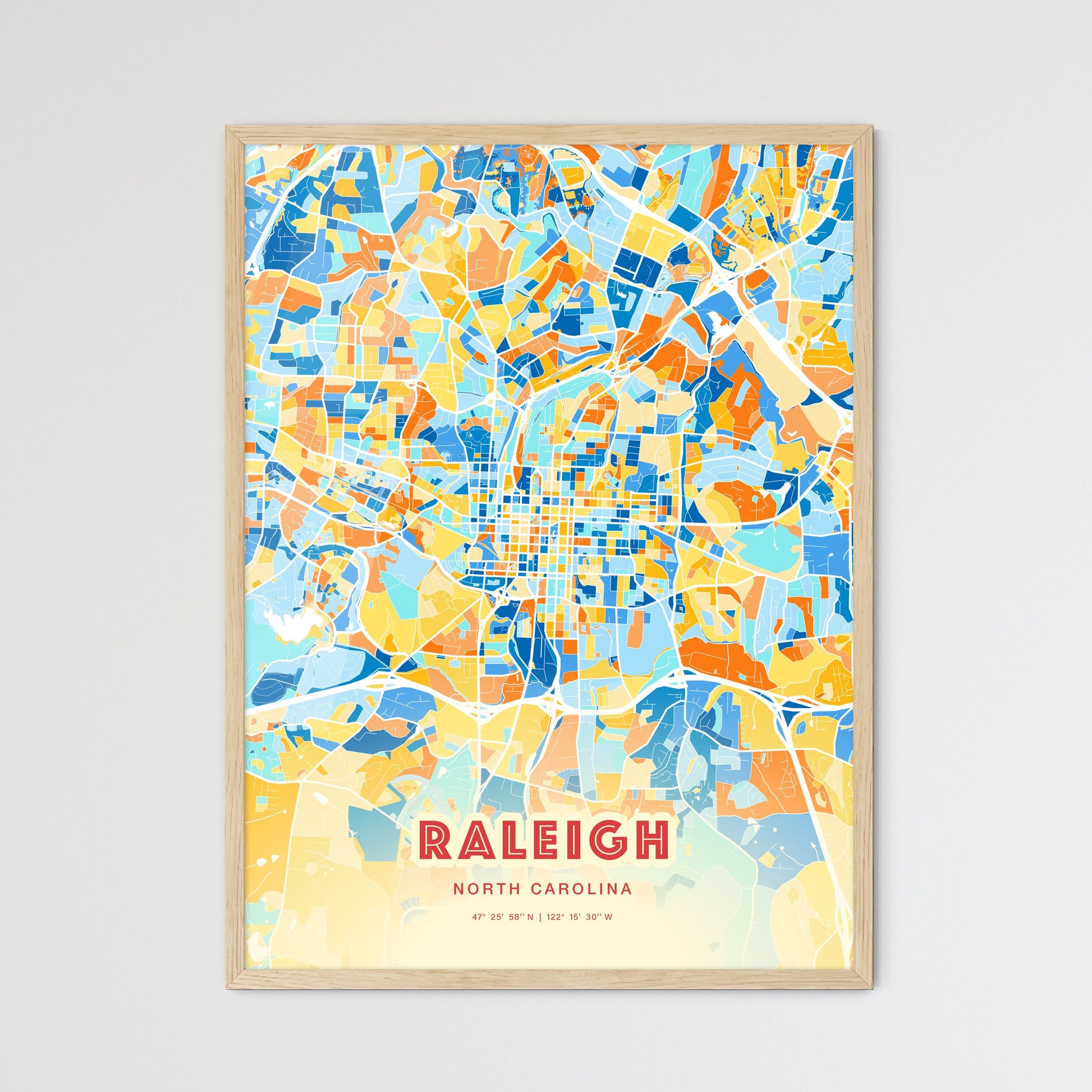 Colorful Raleigh North Carolina Fine Art Map Blue Orange