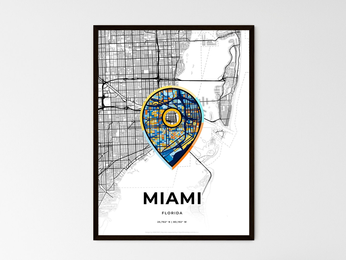 Miami Florida wedding art map with pointer icon