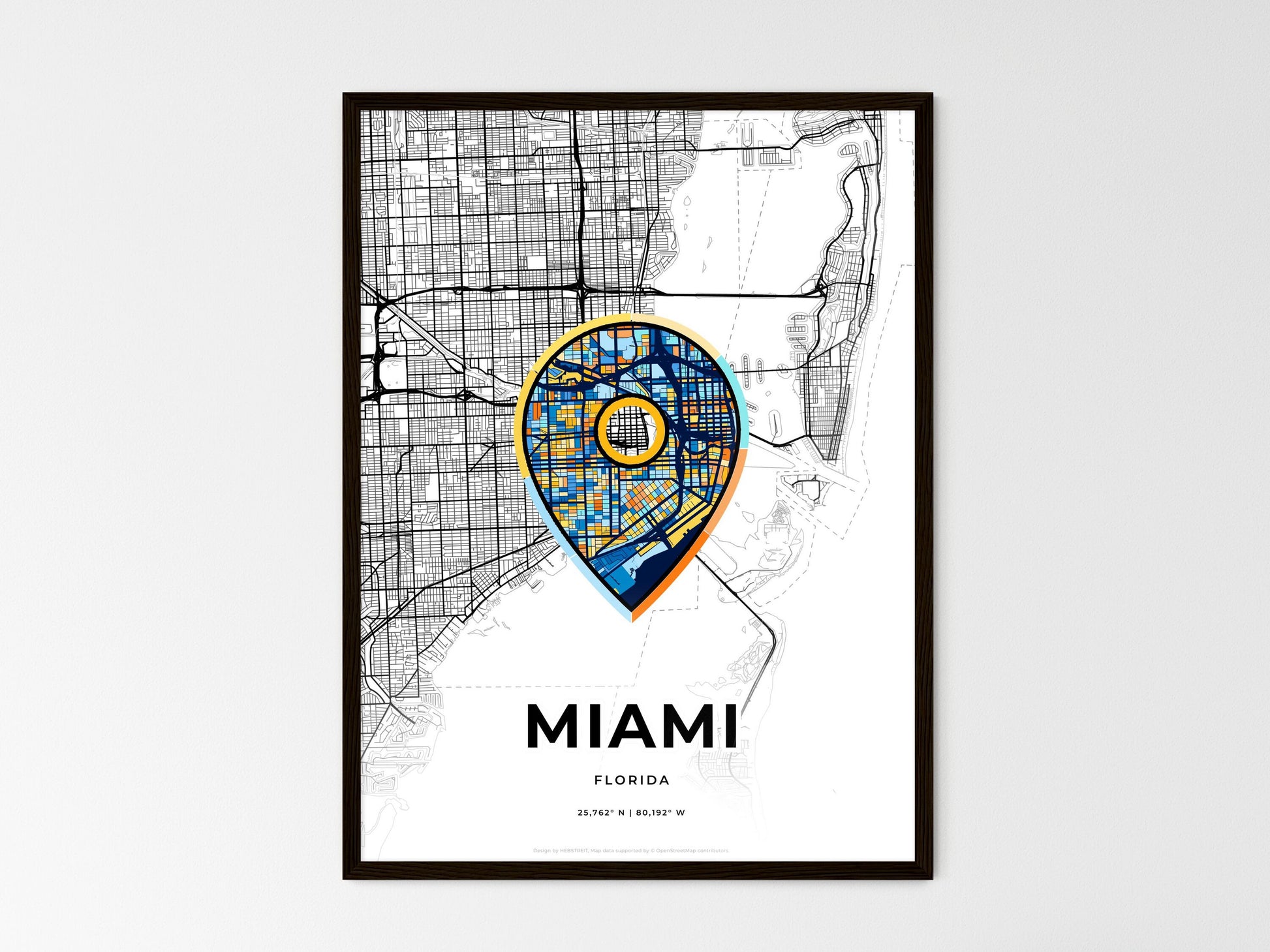 Miami Florida wedding art map with pointer icon