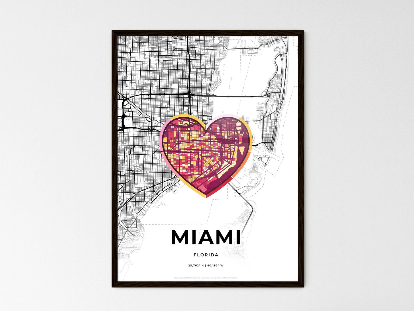 Miami Florida wedding art map with heart icon