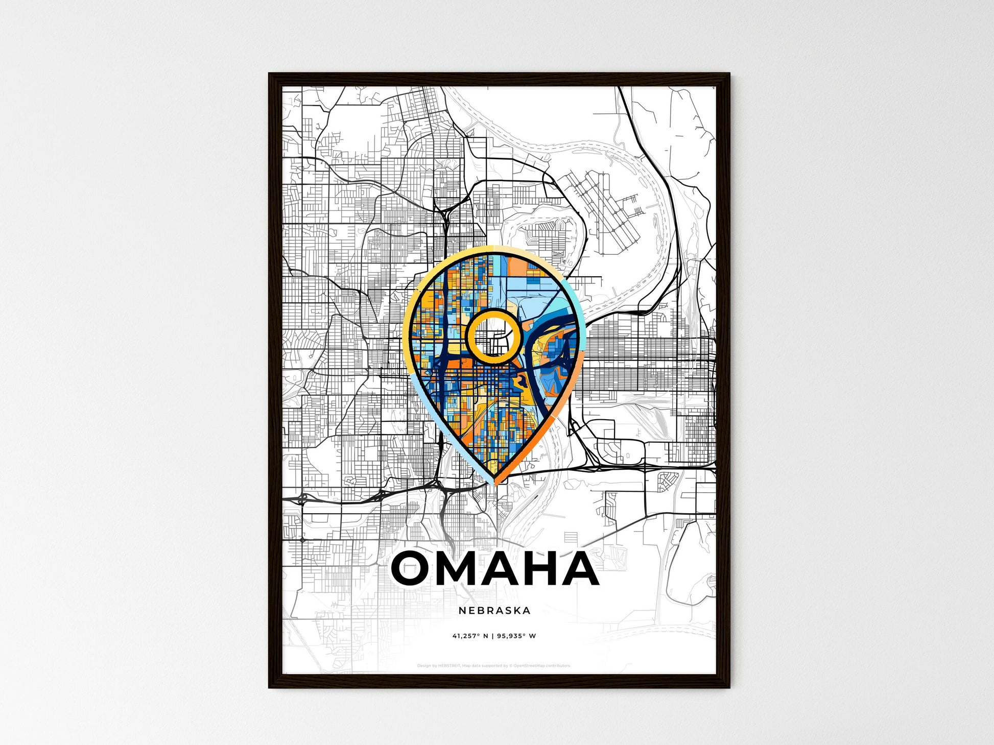 Omaha Nebraska wedding art map with pointer icon