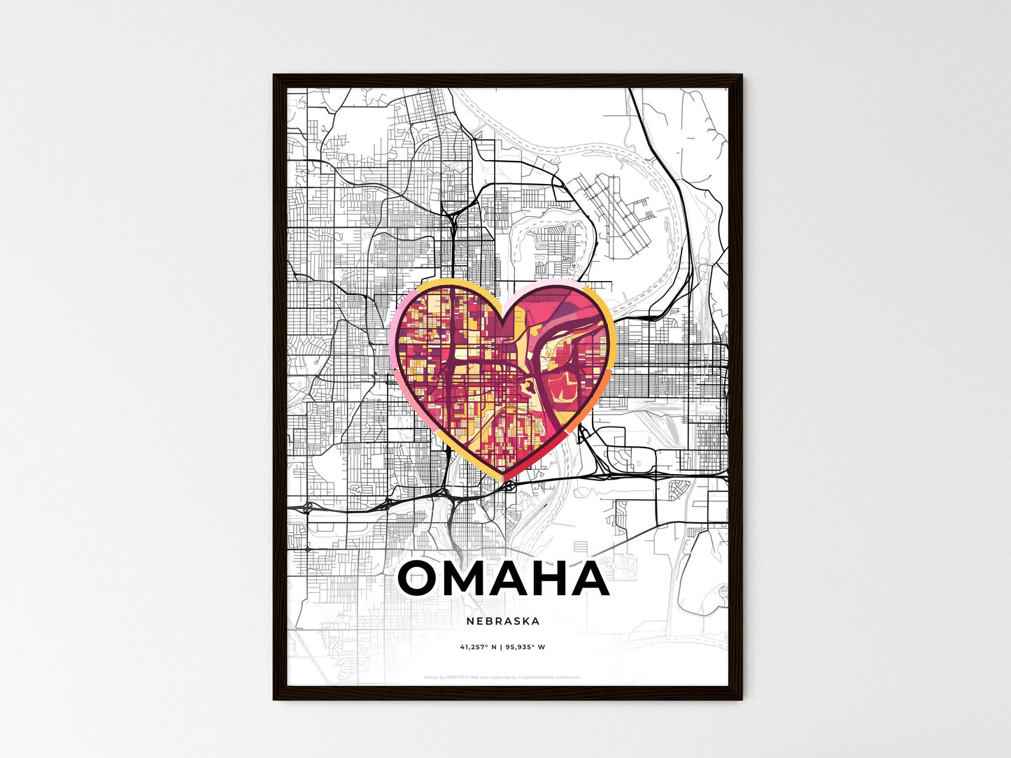 Omaha Nebraska wedding art map with heart icon