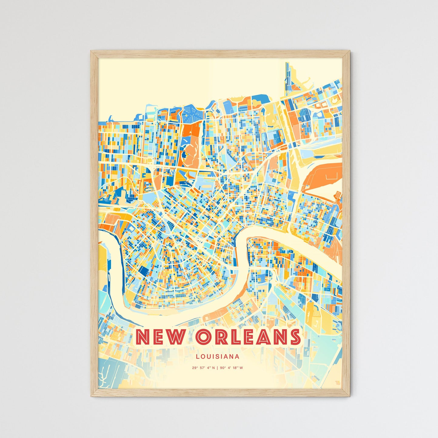 Colorful New Orleans Louisiana Fine Art Map Blue Orange