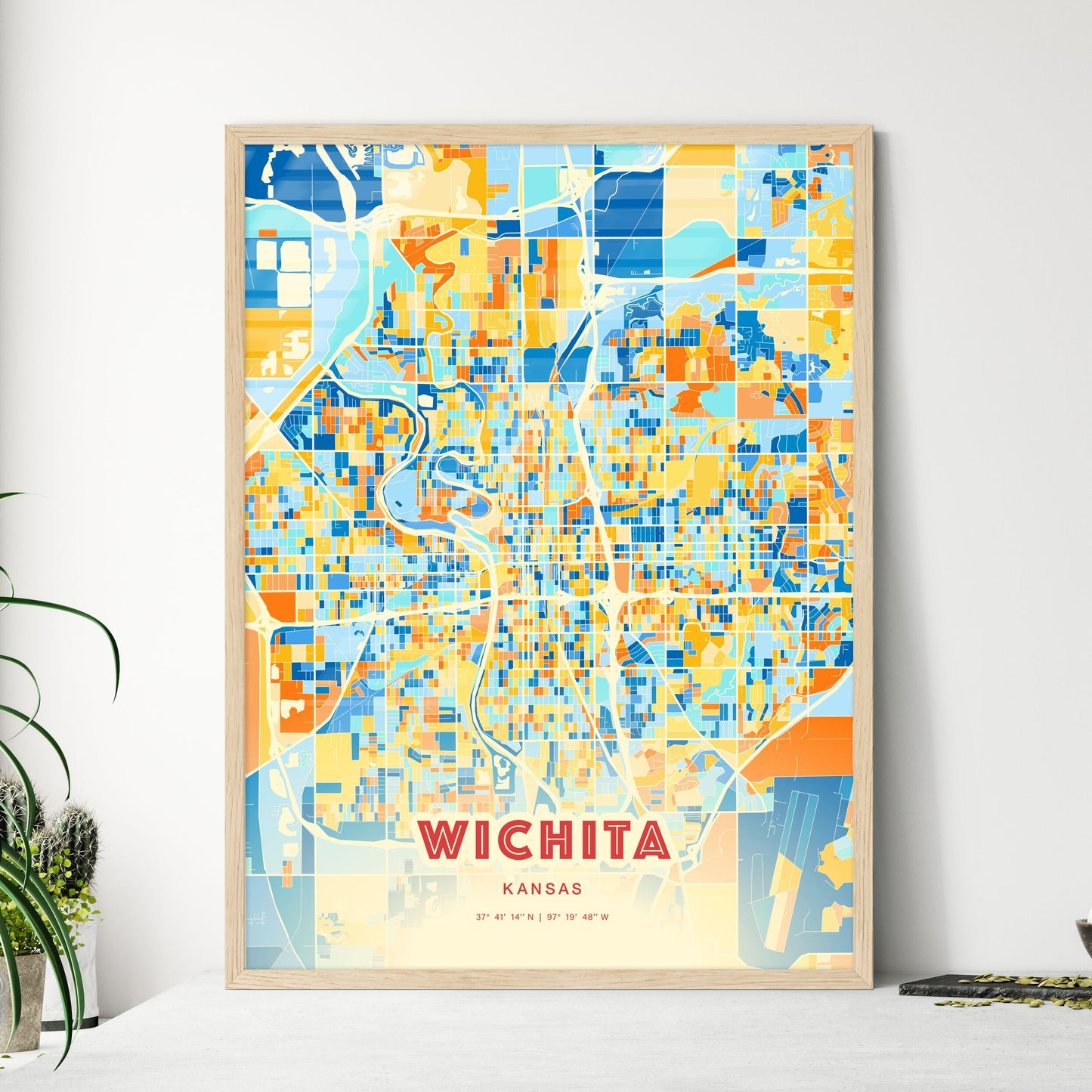 Colorful Wichita Kansas Fine Art Map Blue Orange