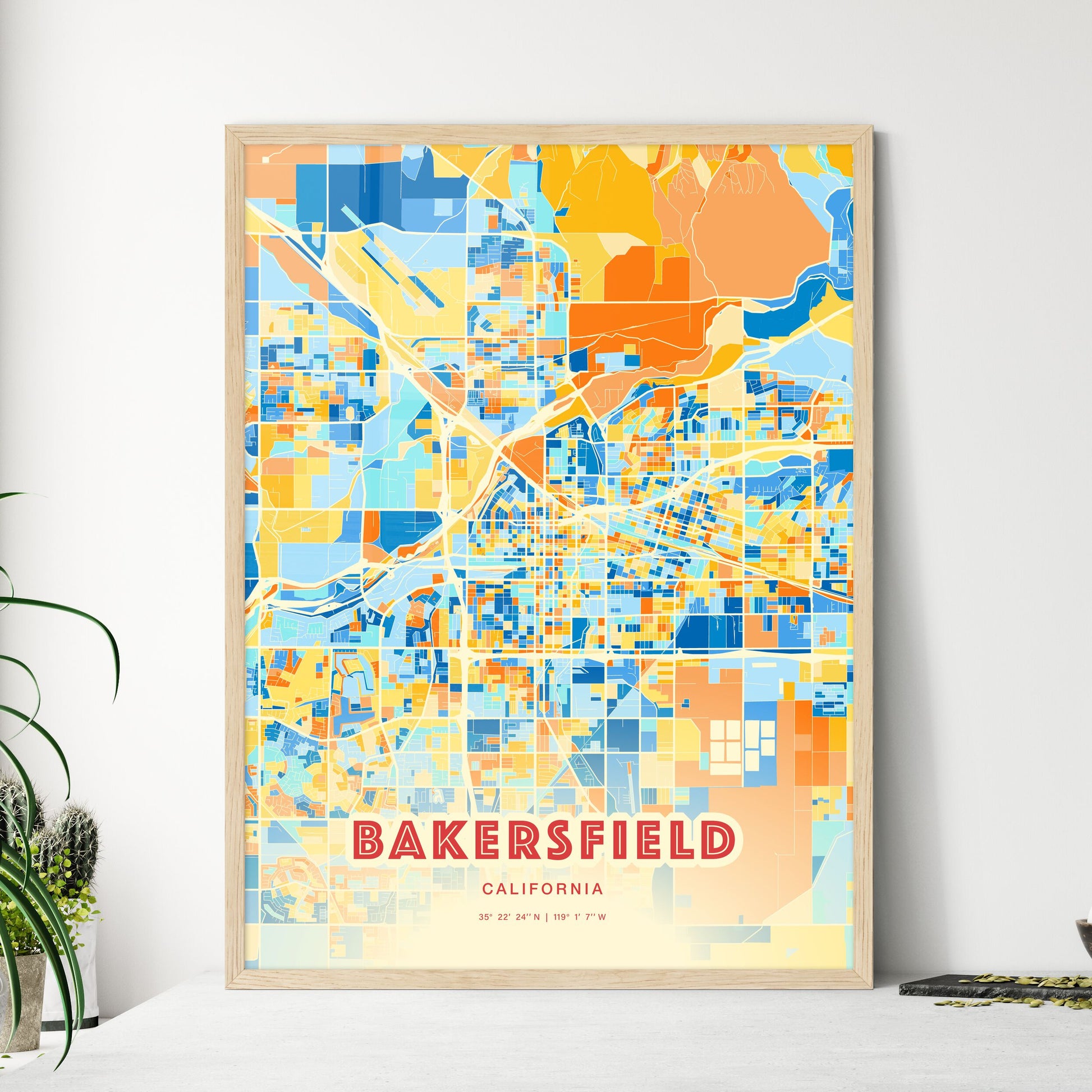 Colorful Bakersfield California Fine Art Map Blue Orange