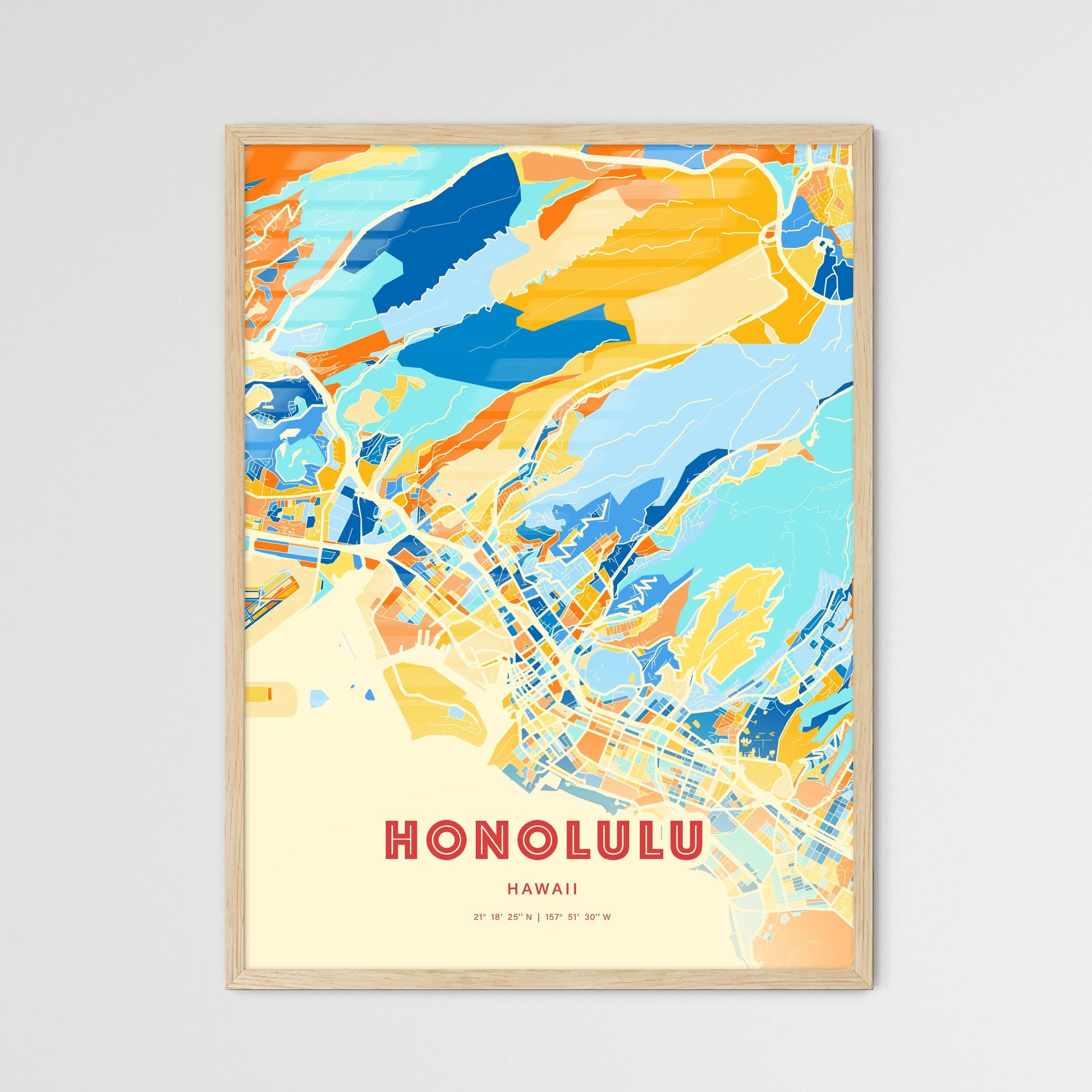 Colorful Honolulu Hawaii Fine Art Map Blue Orange