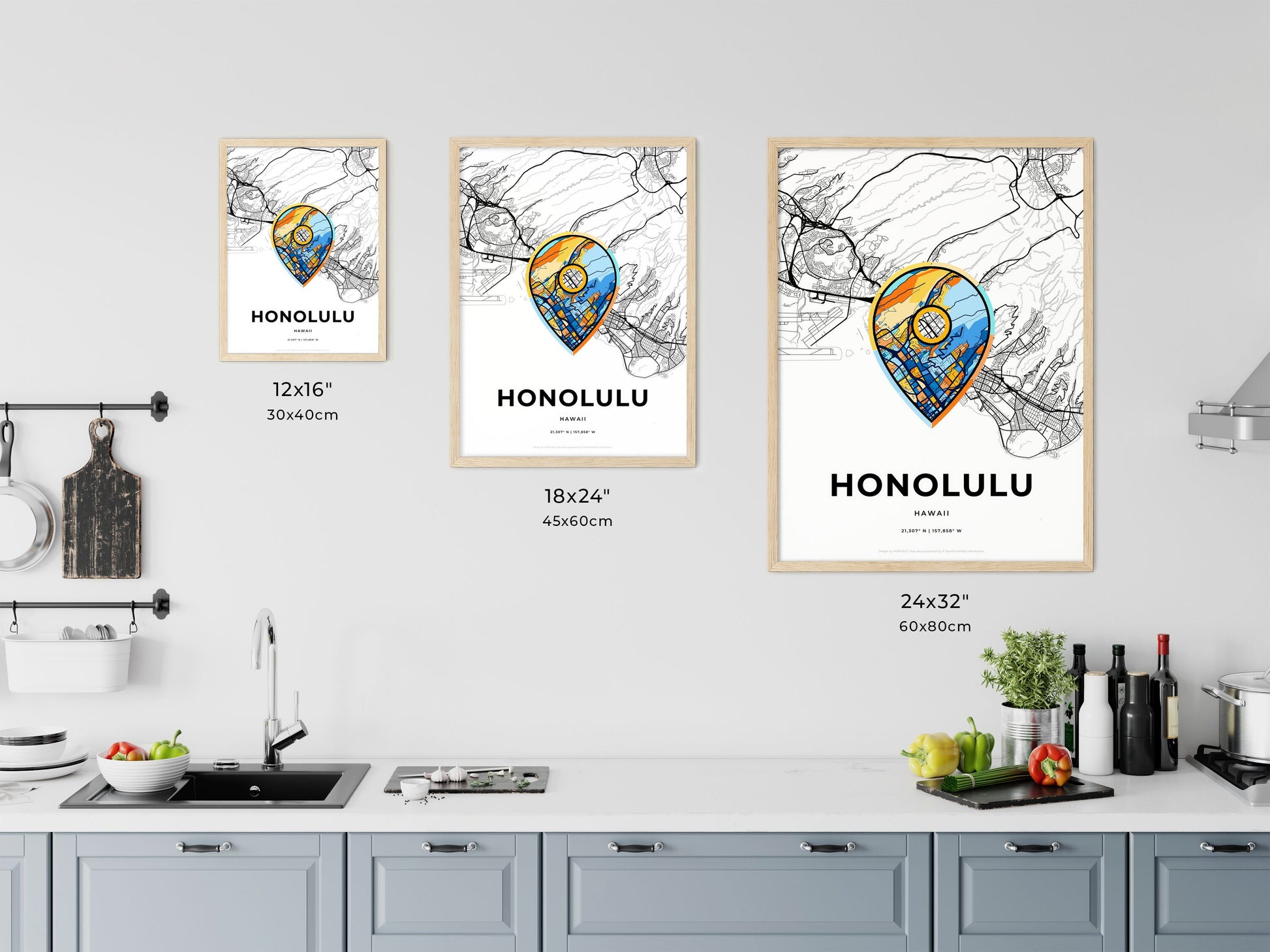 Honolulu Hawaii art map size chart